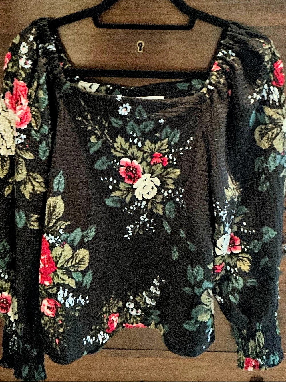 LOFT Square Neck Puff Sleeve Top Floral Blouse Black & Red -size Large